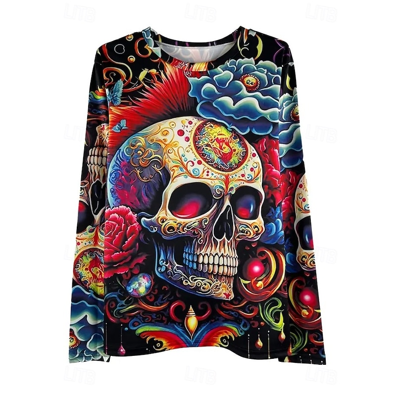 Halloween Women's T shirt Crew Neck Long Sleeve Tunic Graphic Vintage Stylish Classic Regular Tops Daily Sports Going out Print Black Gray Fall2