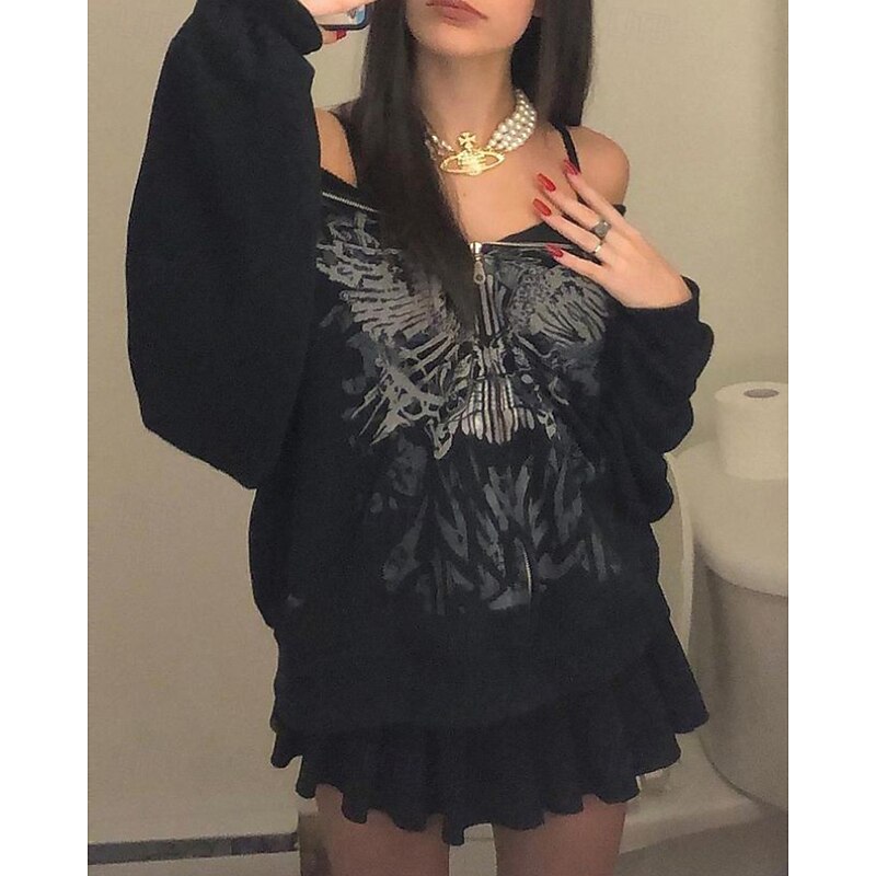 Women's Pullover Hoodie Sweatshirt Floral Fashion Streetwear Long Sleeve Hooded Regular Tops Street Going out Zipper Print Black Fall Winter3