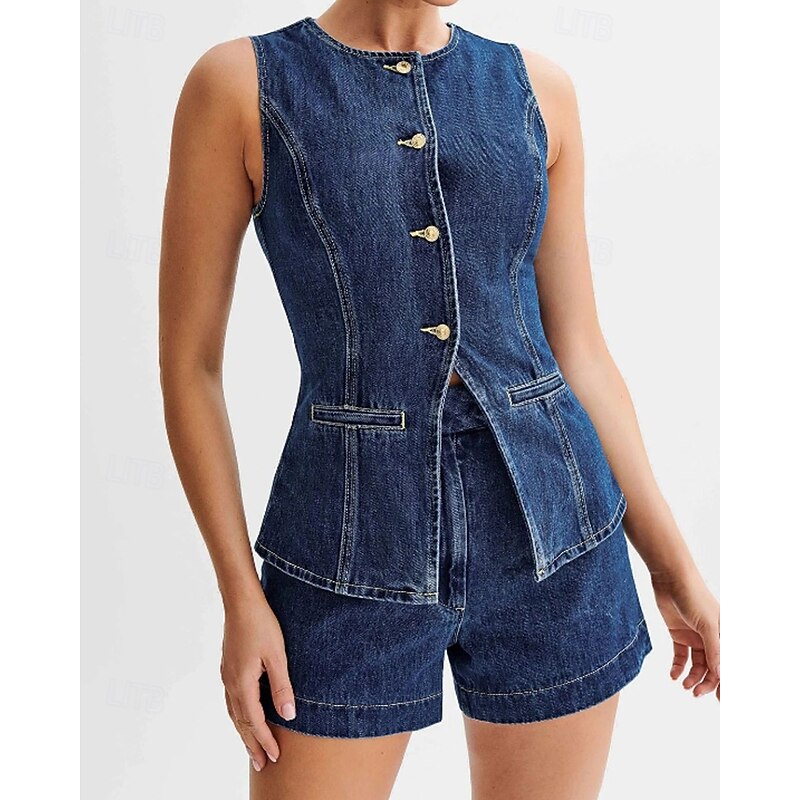 Women's Active Fashion Blouse Shorts Sets Sleeveless Crew Neck Solid Color Split Thigh Vacation Casual Daily Blue Summer Regular Fit4