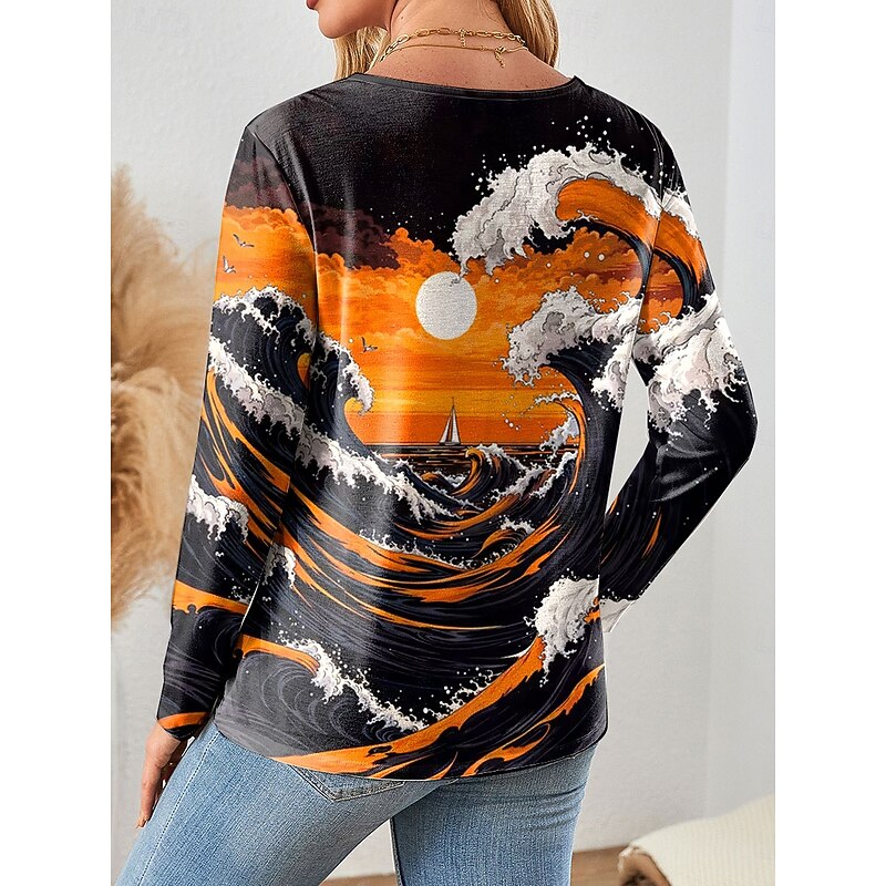 Women's T Shirt Quarter Zip Long Sleeve Casual Graphic Ocean Elegant Vintage Stylish V Neck Regular Tops Daily Pink Blue Orange Green Spring Fall2