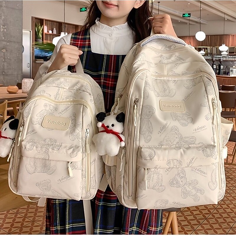 Women's Beige Printed School Backpack with Cute Plush Keychain, Lightweight Large Capacity Bookbag for Teen Girls, College, and Casual Daily Use, Available in Two Sizes