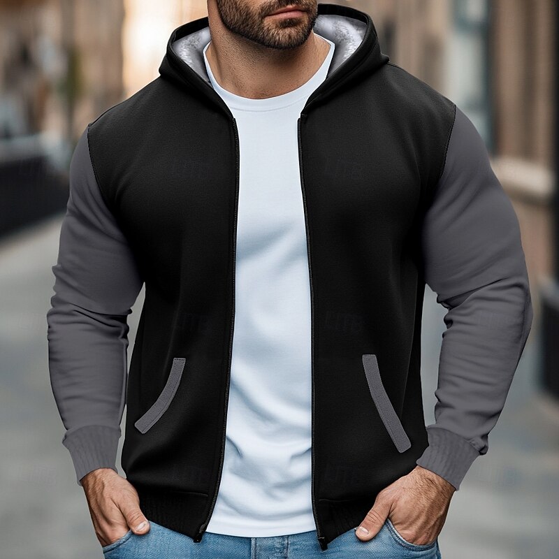 Men's Zip Sweatshirt Fleece Hoodie Black Red Navy Blue Gray Hooded Standing Collar Plain Zip Up Front Pocket Sports & Outdoor Casual Daily Streetwear Cool Sportswear Fall & Winter Clothing Apparel2