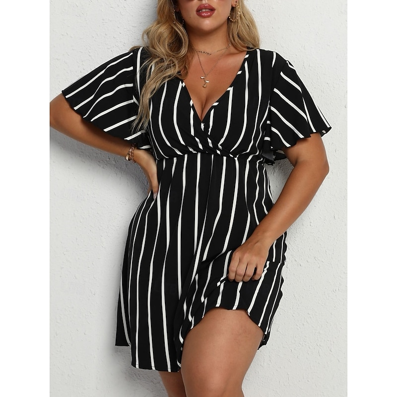 Women's Plus Size Casual Dress Striped V Neck Short Sleeve Summer Spring Fashion Modern Casual Mini Dress Daily Holiday Dress