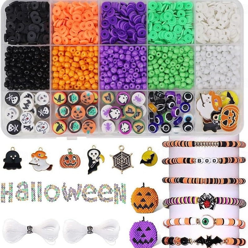 2086PCS Halloween Clay Beads Bracelet Making Kit, DIY Jewelry Set with Ghost Pumpkin Bat Charms, Halloween Crafts for Kids and Adults