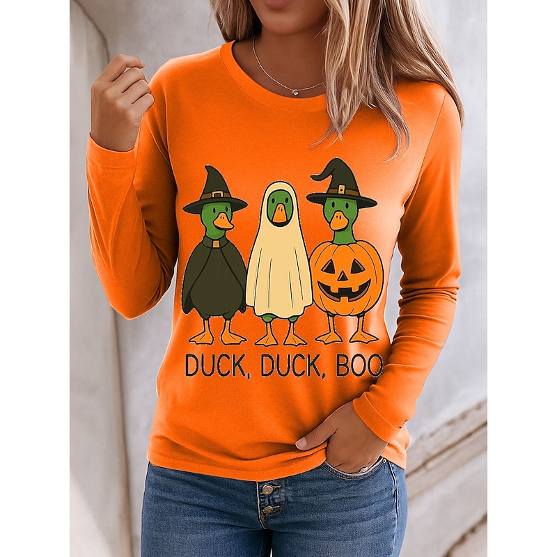 Halloween Women's T shirt Ghost Crew Neck Long Sleeve Tunic Graphic Pumpkin Duck Vintage Stylish Classic Regular Tops Daily Print Blue Purple Orange Green Spring Fall