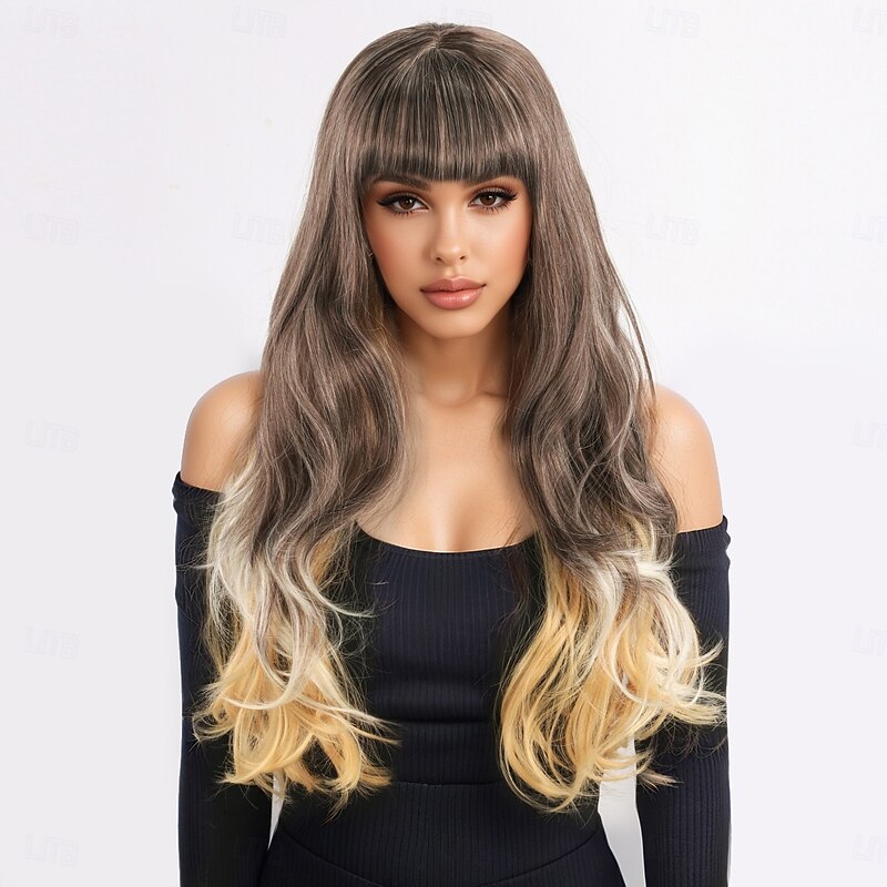 Long Brown and Blonde Wig for Women – Full Bangs, Wavy Big Curls, Fashionable Synthetic Wig, Perfect for Trendy Looks and Everyday Style4