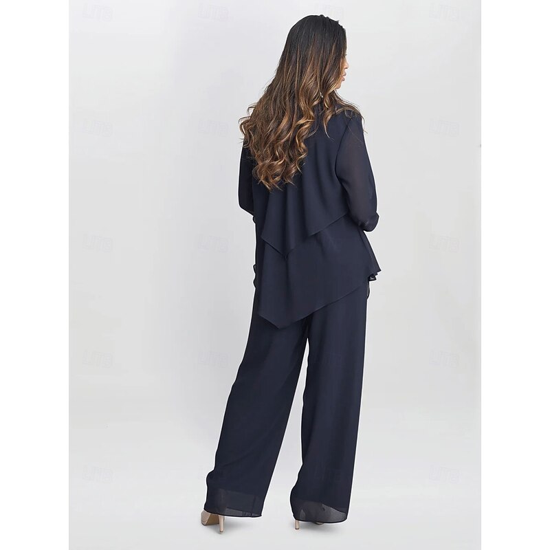 3 Piece Mother of the Bride Pantsuits Elegant Simple Luxurious Square Neck Floor Length Chiffon 3/4 Length Gathered Sleeve with Crystals Cascading Ruffles4