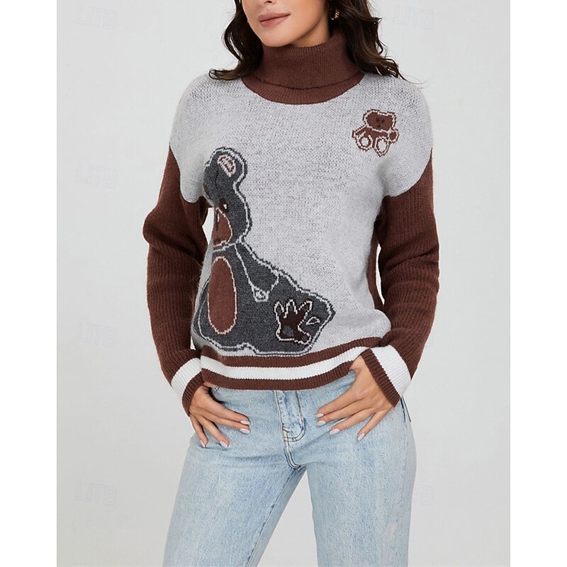 Women's Pullover Casual Color Block Chunky Turtleneck Knitted Long Sleeve Regular Tops Knit Daily Holiday Going out Wine Fall Winter