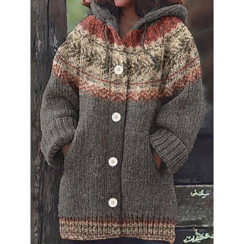 Women's Cardigan Vintage Daily Vintage Style Geometric Ribbed Hooded Knitted Print Front Pocket Long Sleeve Regular Tops Knit Outdoor Daily Dark Gray Fall Winter