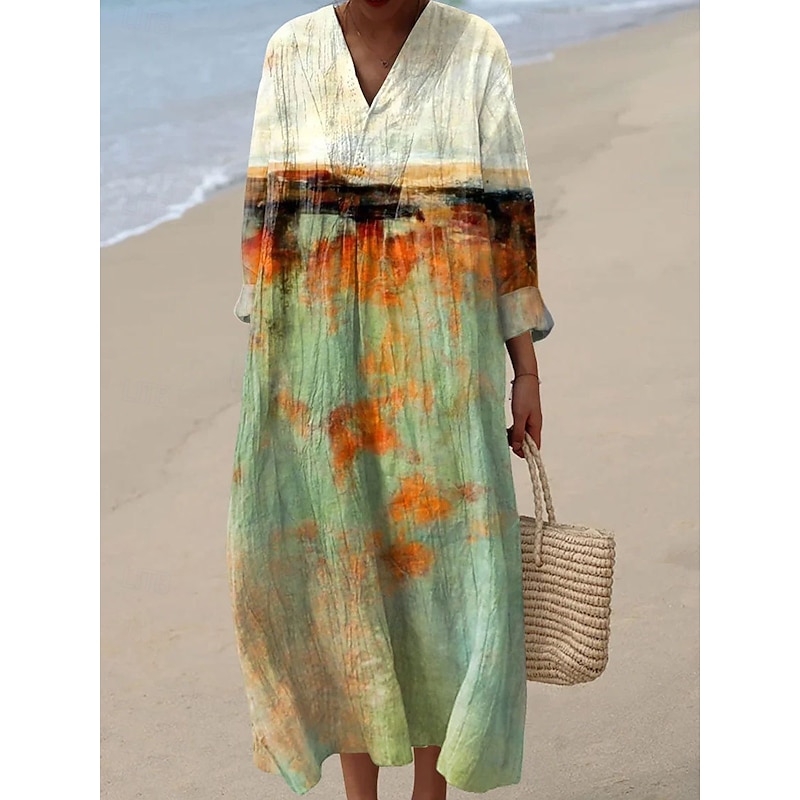 Women's Midi Dress V Neck Long Sleeve Kaftan Lightweight Loose Fit A Line Dress Casual Boho Party Loose Fit Graphic Geometric Abstract Long Sleeve V Neck White Pink Blue Brown Fall