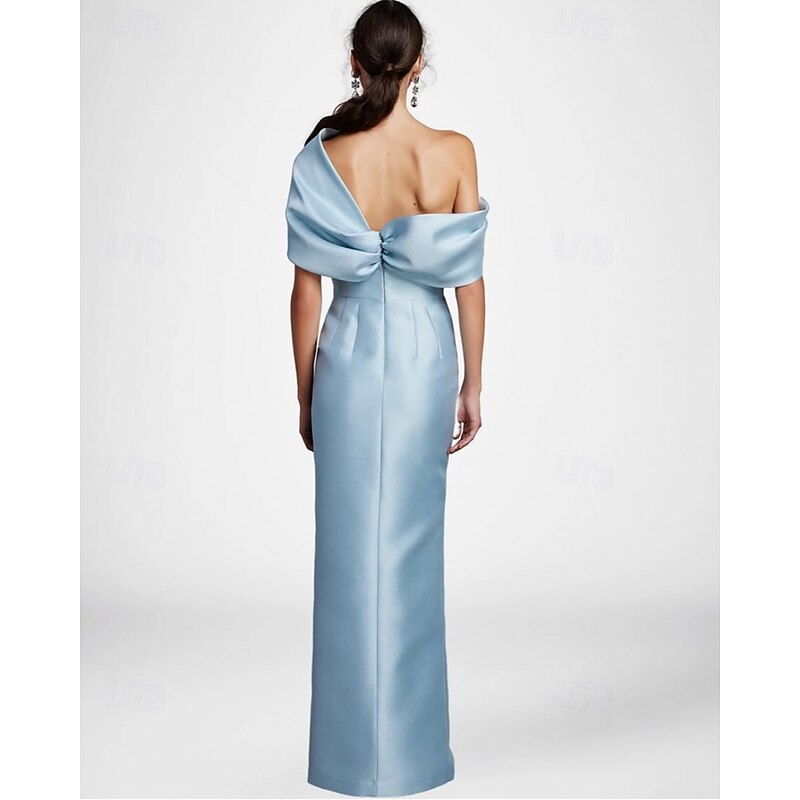 Black Tie Cape Dress Sheath / Column Evening Gown Elegant Dress Formal Wedding Floor Length Sleeveless Off Shoulder Stretch Satin with Pleats Slit3