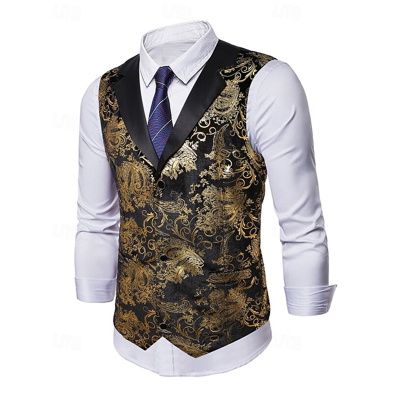 Men's Vest Waistcoat Gilet Vacation Party Business Fashion Casual Summer Spring Buttons Polyester Comfortable Gilding Single Breasted One-button Lapel Regular Fit Gold Vest3