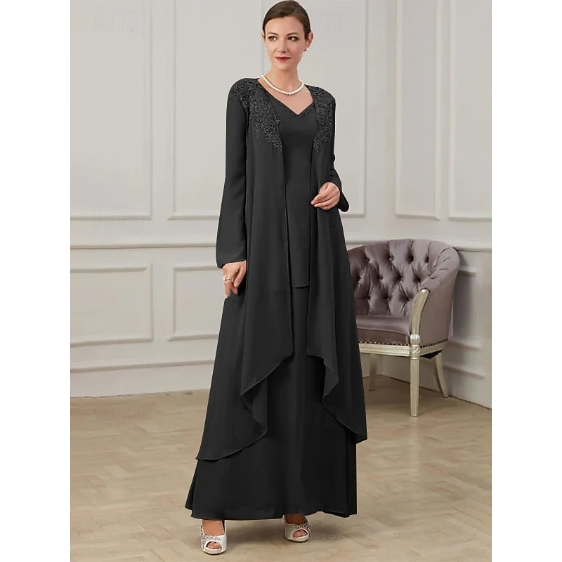 Two Piece Mother of the Bride Dress Formal Wedding Guest Floor Length Long Sleeve V Neck Chiffon with Ruffles Appliques4