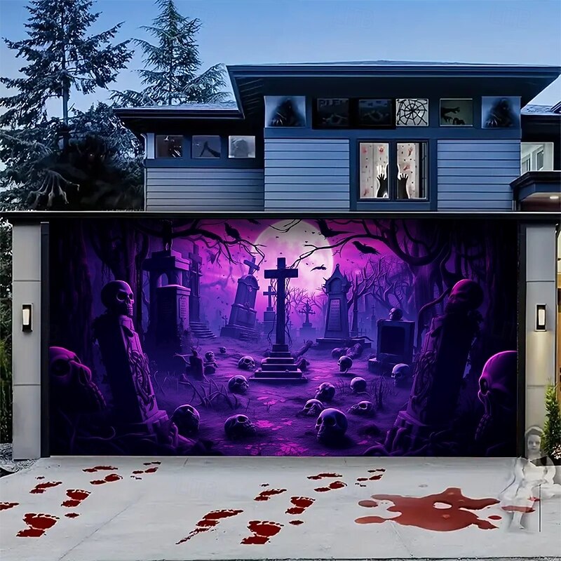 Halloween Garage Door Cover Neon Haunted Graveyard Banner, Glowing Blacklight Backdrop Decoration for Holiday Outdoor Garage Door and Home Wall, 2025 Halloween Decorations4