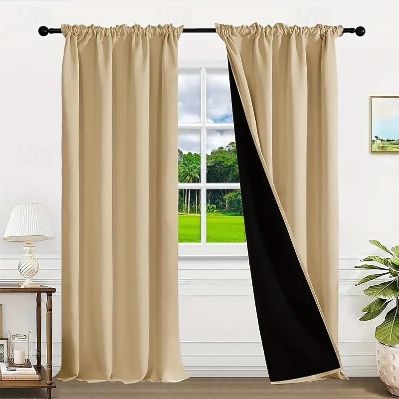 Curtain Drapes 2PC Beige Blackout Curtains  Modern Living Room  Bedroom Decor, Stylish Grommet Top Design2