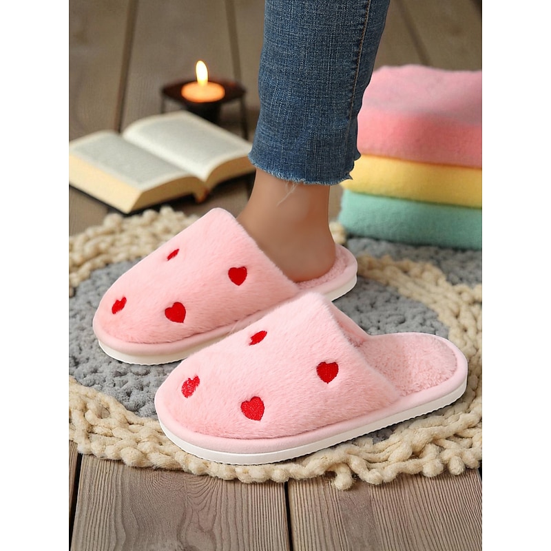 Women's Slippers Fuzzy Slippers Fluffy Slippers House Slippers Warm Slippers Home Valentine's Day Daily Heart-shaped Fleece Lined Flat Heel Round Toe Plush Casual Comfort Faux Fur Loafer Dusty pink3