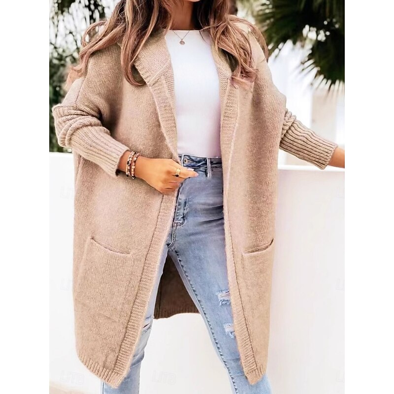 Women's Winter Coat Comfortable Breathable Pocket Fashion Daily Plain Outdoor Casual Daily Open Front Regular Hooded Regular Fit Long Sleeve Outerwear Khaki Spring Fall2