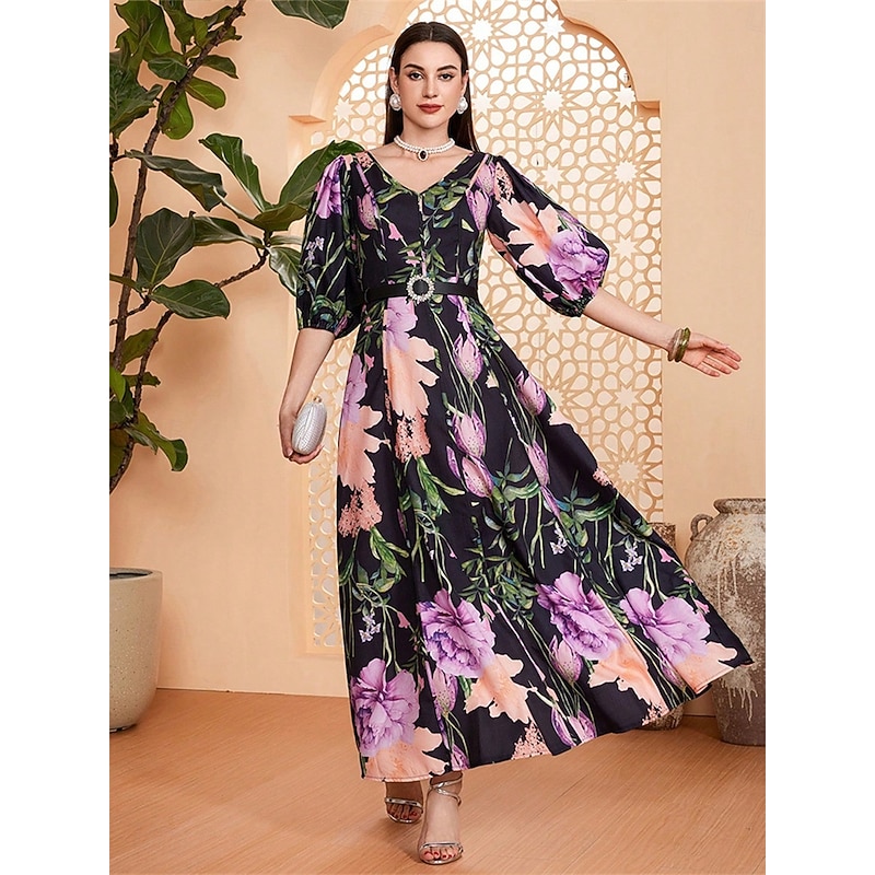A-Line Mother of the Bride Dress Elegant V Neck Floor Length Chiffon Half Sleeve with Sash / Ribbon Floral Print4