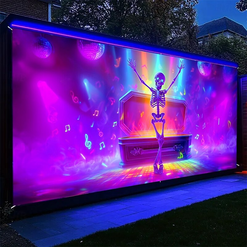 Halloween Garage Door Cover Neon Skeleton Dancing on Stage Banner, Glowing Blacklight Backdrop Decoration for Holiday Outdoor Garage Door and Home Wall, 2025 Halloween Decorations3