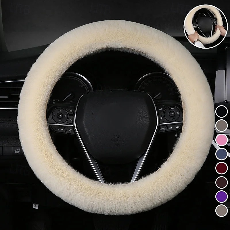 Universal Plush Car Steering Wheel Cover Soft Elastic Fuzzy Faux Rabbit Fur Winter Warm Interior Grip Protector for Women Girls Vehicles