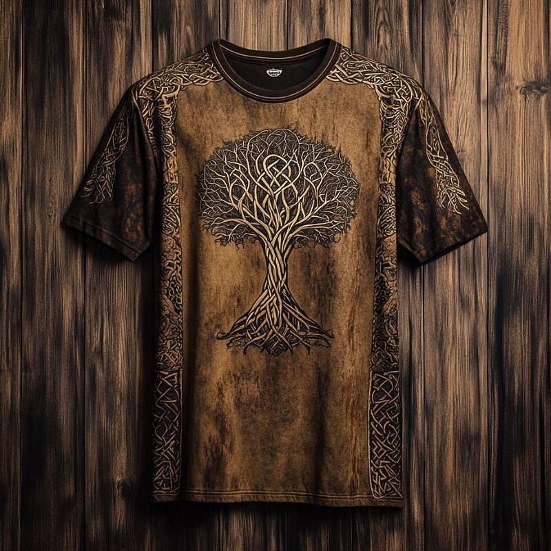 Men's Tee Short Sleeve Shirt Tee Top Short Sleeve Crew Neck Summer Fall Graphic Tree Of Life Yggdrasil Fashion Designer Retro Vintage Print Vacation Street Going out Dark Brown Black Brown Top Tee2