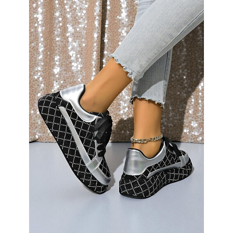 Women's Rhinestone Quilted Sneakers - Black and Silver Lace-Up Party Shoes for Nightlife, Clubbing and Trendy Streetwear4
