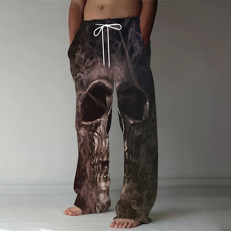 Men's Halloween Costumes Skulls Trousers Baggy Pants Casual Pants Mid Waist Dark Gothic Style Holiday Streetwear Elastic Drawstring Waist Linen-Like Pants with Pockets Summer Spring 3D Print Black2