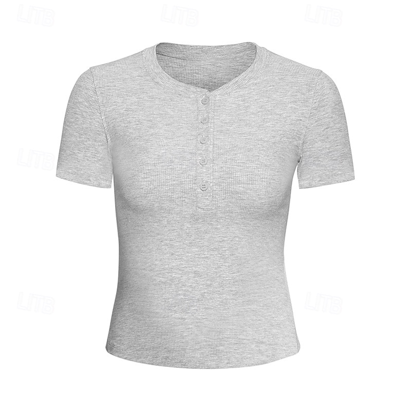 Women's Yoga T-shirt Henley Collar Breathable Short Sleeve Sports Solid Color Top For Pilates Running Yoga Activewear