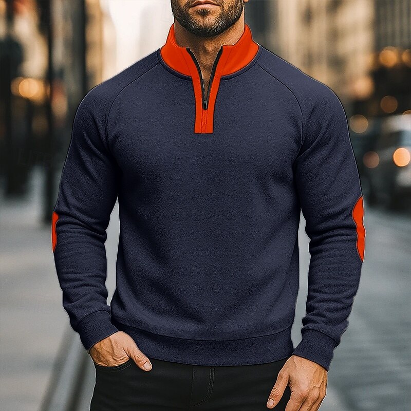 Men's Sweatshirt Quarter Zip Sweatshirt Black Navy Blue Camel Light Grey Dark Gray High Neck Plain Patchwork Sports & Outdoor Casual Daily Streetwear Cool Designer Spring &  Fall Clothing Apparel
