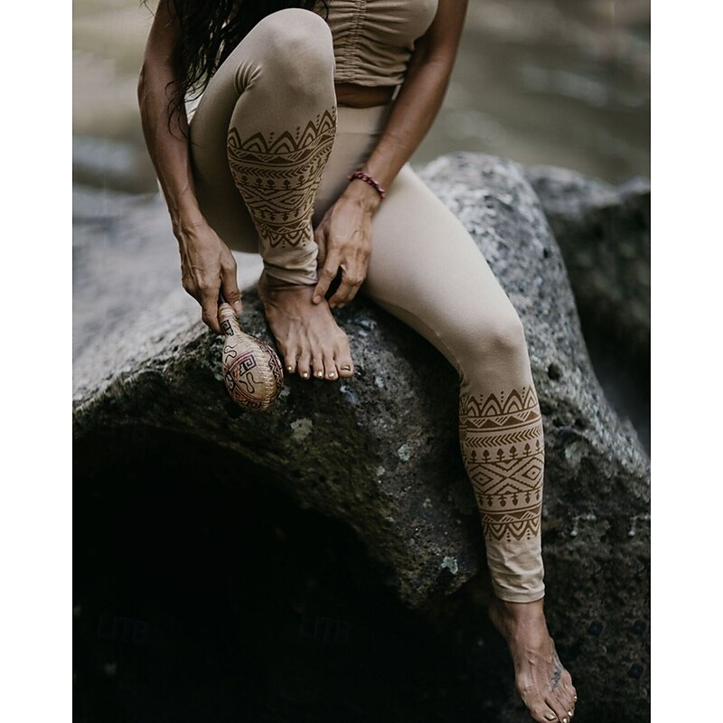 Women's Pants Trousers Leggings Cozy Leggings Casual Boho Full Length High Waist Lines / Waves Elastic Waist Print Breathability Comfortable Stretchy Vacation Street Daily Wear Khaki Spring Fall3