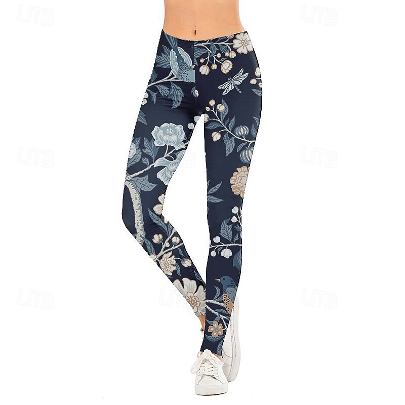 Women's Slacks Leggings Cozy Leggings Streetwear Casual Full Length Natural Flower Elastic Waist Print Soft Street Holiday Daily Wear Apple Green Black Gold Deep Purple Dark-Gray Fall Regular Fit