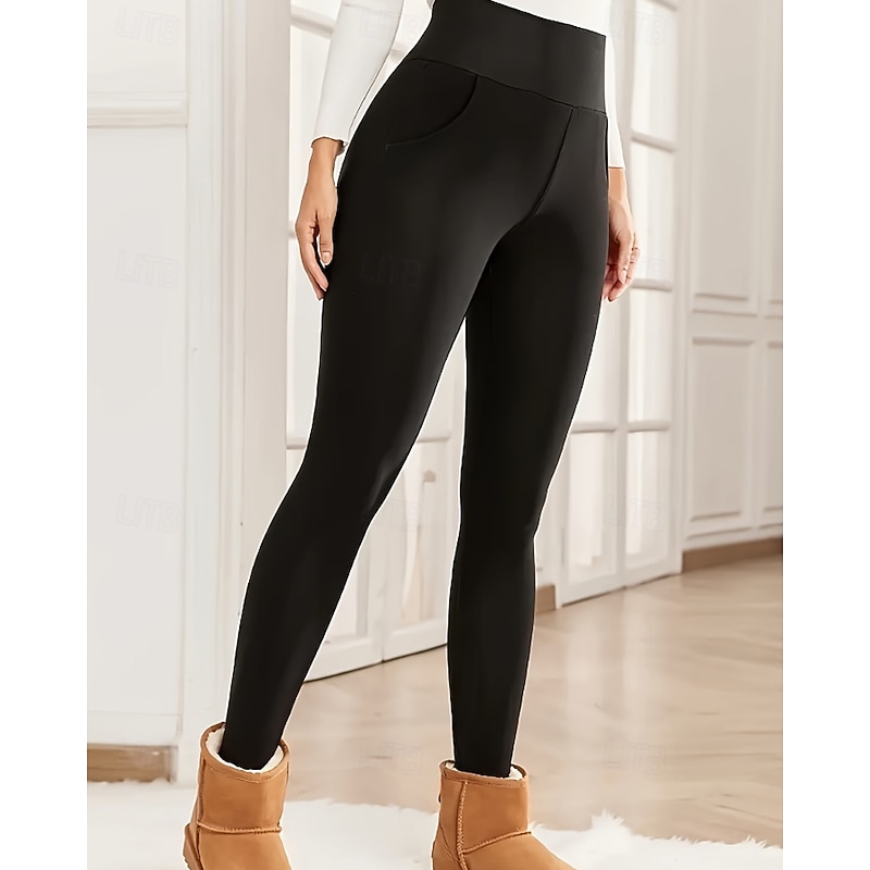 Women's Slacks Leggings Cozy Fleece Lined Streetwear Casual Full Length Natural Plain Pocket Elastic Waist Soft Street Daily Wear Weekend claret Navy Grey Black Winter Regular Fit3