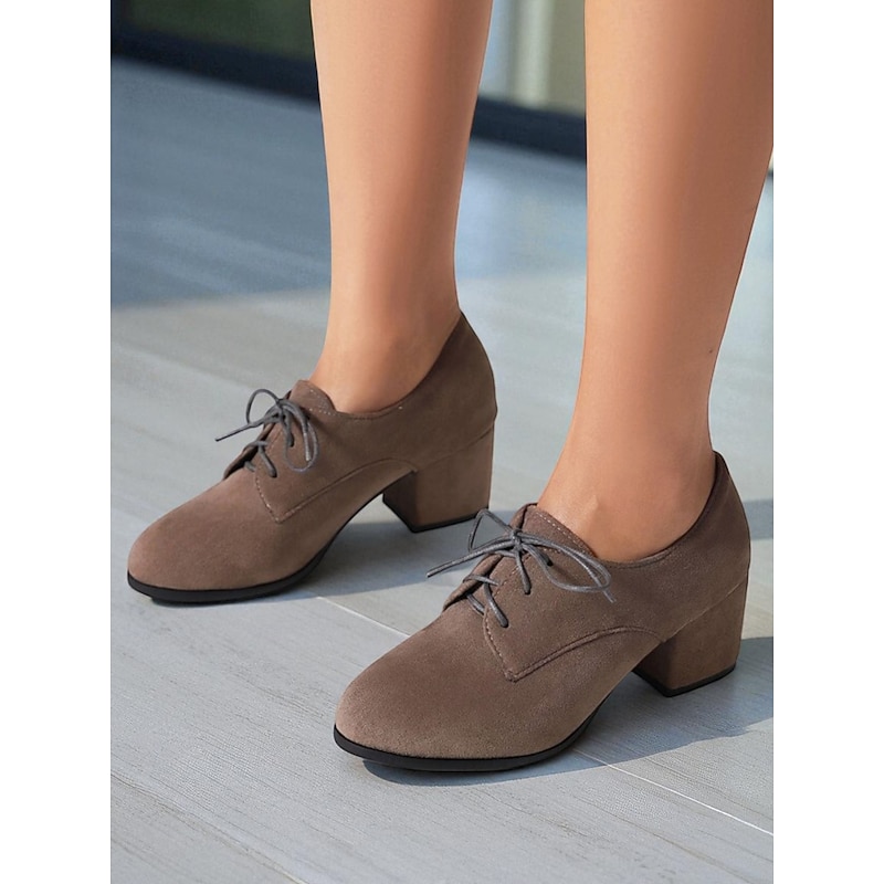 Women's Brown Suede Oxford Heels - Comfortable Walking Lace-Up Vintage Style Shoes for Autumn Winter Outfits, Office, and Daily Wear2