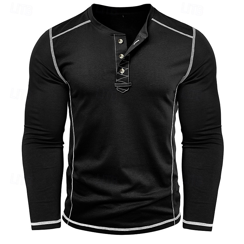 Men's T Shirt Henley Shirt Henley Top Long Sleeve Solid Color Vintage Casual Contrast Stitching Henley Outdoor Causal Casual Spring Fall Spring &  Fall Black White Gray Henley T-Shirt3