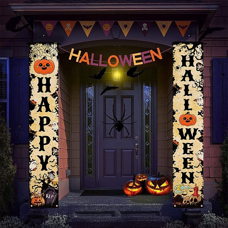 1 Pair Happy Halloween Porch Decoration Banner Polyester Trick or Treat Halloween Night Party for Home Front Door Yard Farmhouse Garden Outdoor Indoor Welcome Sign2
