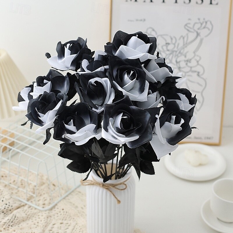 12 Bundles Halloween Black Rose Decorations, Dark Gothic Style Artificial Black and White Roses for Home Decor, Outdoor Photography, and Halloween Props