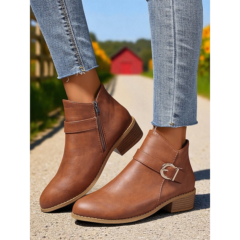Women's Brown Faux Leather Ankle Boots – Low Heel Side Zip Buckle Booties for Fall Outings, Country Walks and Daily Wear