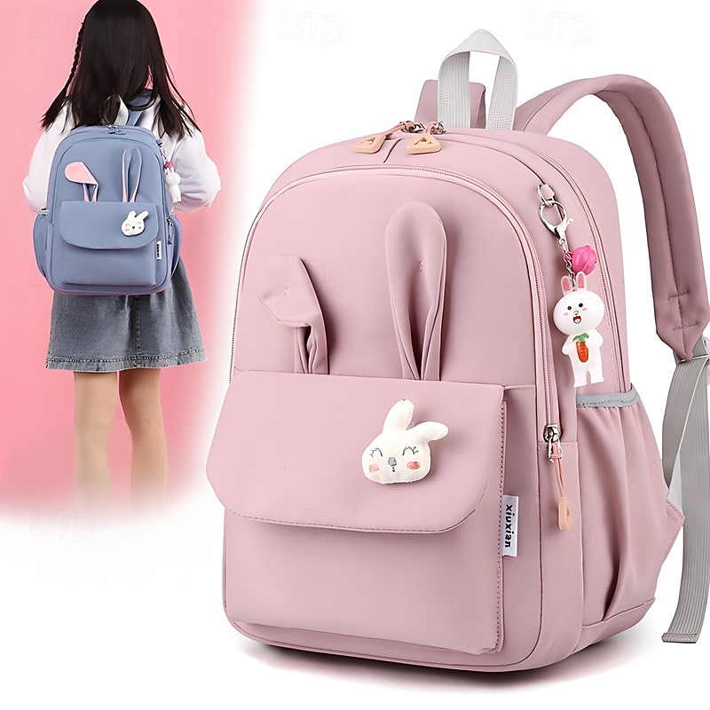 Girls Bunny Ear School Backpack with Cute Plush Keychain – Lightweight Waterproof Bookbag for Elementary and Middle School Students