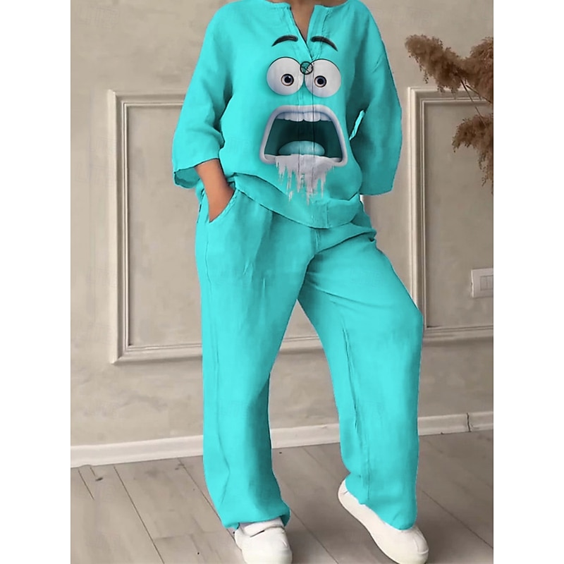 Women's Cartoon Funny Smile Face Pants Sets Long Sleeve V Neck 3D Print Print Vacation Daily Holiday Yellow Red Blue Summer Regular Fit3