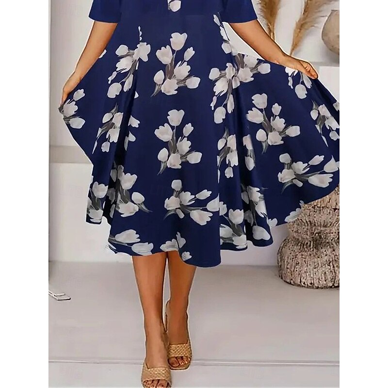 Women's Two Piece Dress Sets Midi Dress with Jacket Elegant A Line Dress Half Sleeve Casual Semi Formal Floral Graphic Print Crew Neck Date Navy Blue Regular Fit3