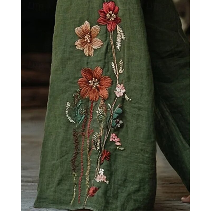 Women's Wide Leg Pants Trousers Palazzo Pants Fashion Streetwear Full Length High Waist Flower Elastic Waist Drawstring Print Breathability Comfortable Street Daily Wear Going out Green Spring Fall3