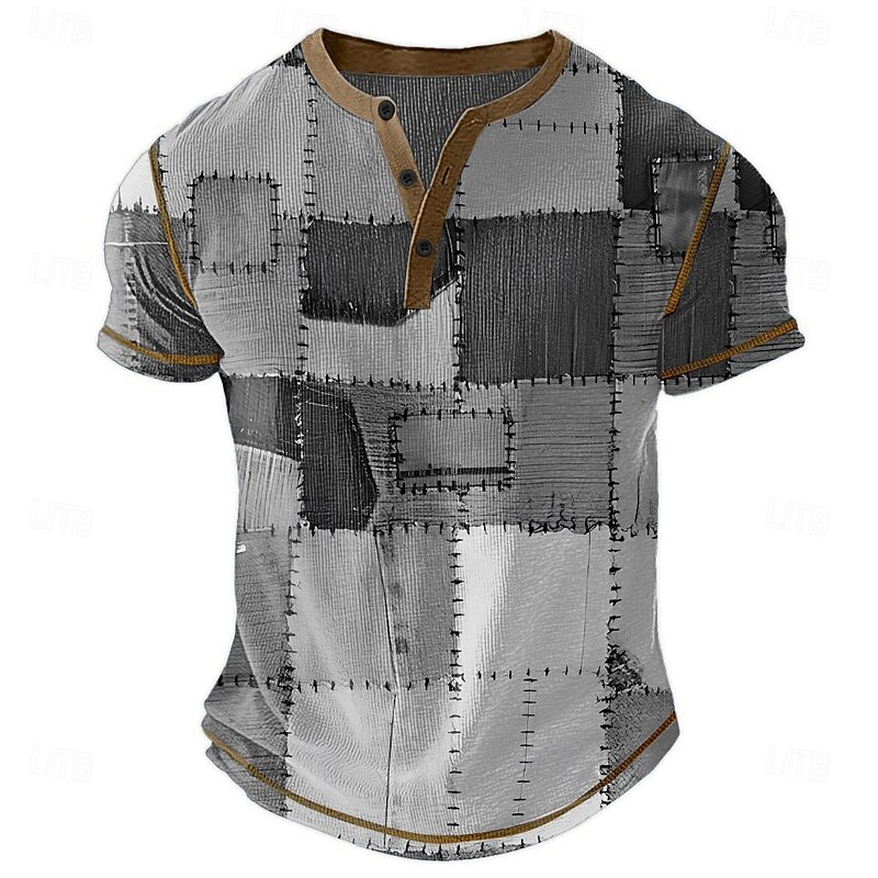 Men's Faux Patchwork Pattern Henley Shirt Waffle T Shirt Short Sleeve Daily Retro Vintage Classic Sports Outdoor Casual Holiday Spring & Summer All Seasons Dark Brown Blue Green Grey Henley Henley4