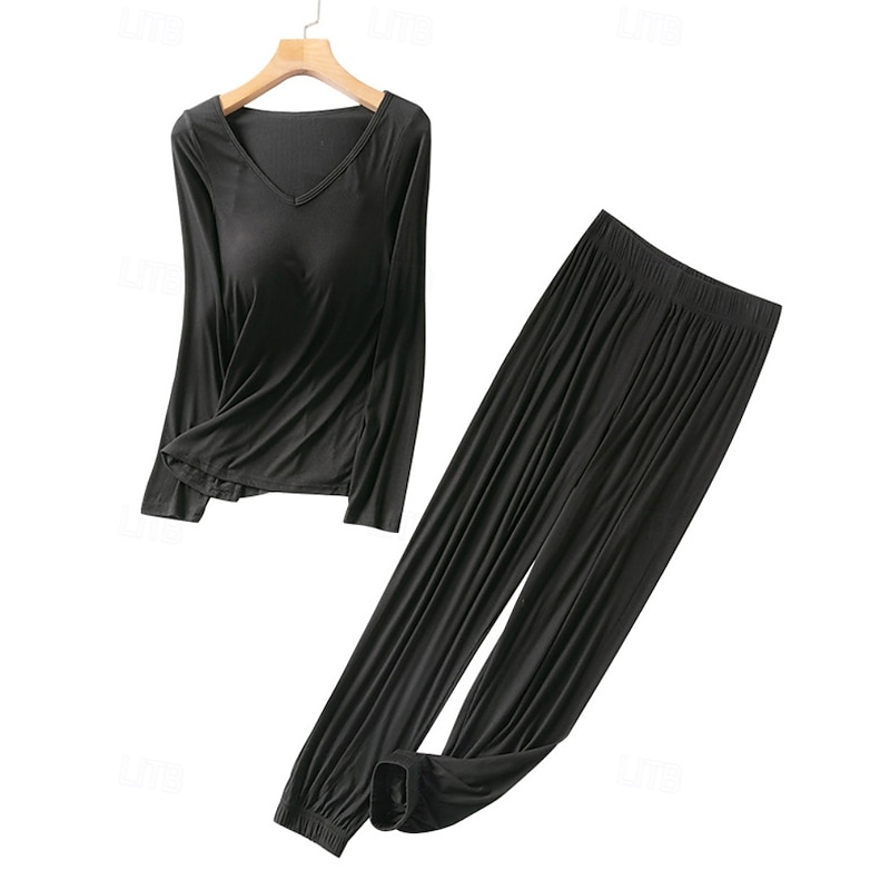 Women's Pajamas Comfort Pure Color Ruched T Shirt Pant Home Daily Bed Long Sleeve V Neck Black Light Grey Light Blue Fall