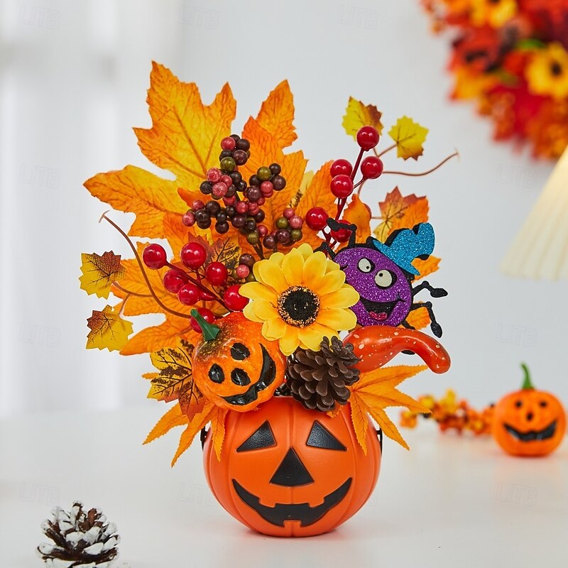 Halloween Fall Desktop Ornament with Faux Pumpkin Decoration, Maple Leaves, Pinecones and Fall Party Decor, Spooky Halloween Table Display for Harvest Festival and Autumn Home Setup3