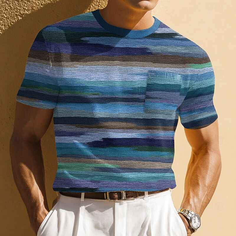 Men's Geometric Horizontal Stripes Waffle Shirt Short Sleeve T shirt Print Crew Neck Shirt Fashion Daily Designer Street Casual Daily Blue Brown Green Summer Spring Clothing Apparel S M L XL XXL XXXL2