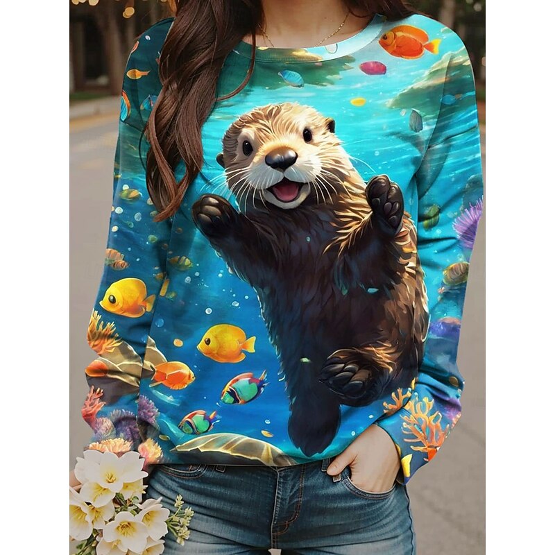 Women's Sweatshirts Graphic Animal Casual Long Sleeve Crew Neck Regular Tops Street Dailywear Print Blue Brown Green Fall Winter3