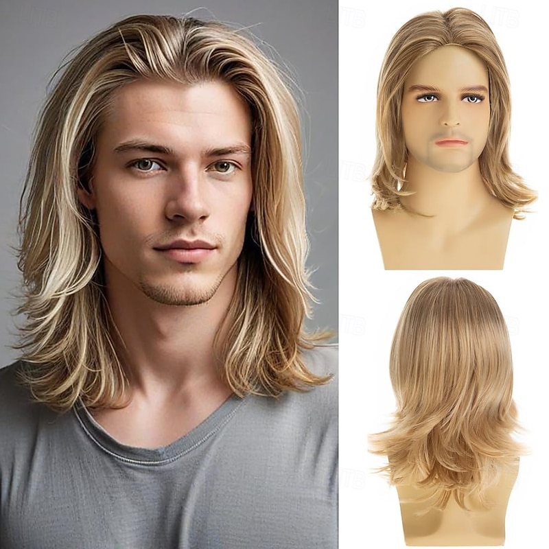Mens Blonde Wig Short Layered Natural Synthetic Halloween Cosplay Costume Party Full Wigs