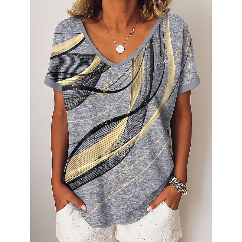 Women's T Shirt Graphic Abstract Vintage Stylish Modern Short Sleeve V Neck Regular Tops Daily Weekend Vacation Wear Print Blue Purple Gold Green Summer