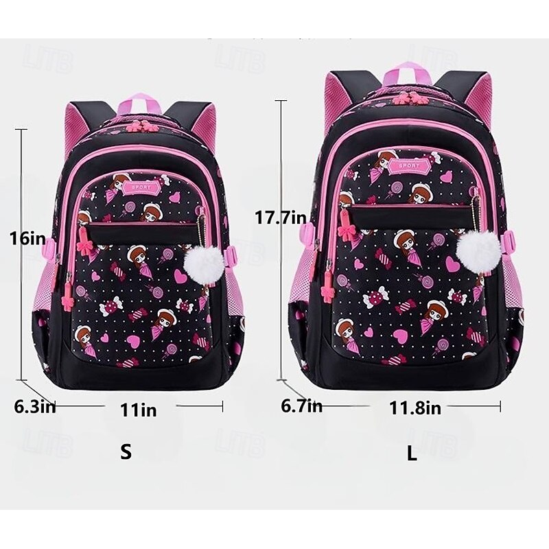Girls Cartoon Backpack for School – Cute Printed Bookbag with Cat Ears and Pom-Pom Charm, Lightweight Waterproof Schoolbag for Elementary Kids3
