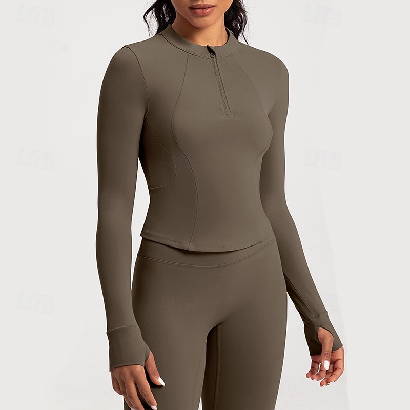Women's Workout Shirt Breathable Zipper Long Sleeve Sports Solid Color Top For Pilates Running Yoga Activewear